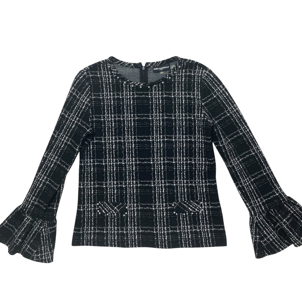 Karl Lagerfeld Paris Womens Black White Plaid Pearl Trim Bell Sleeve Top S/P